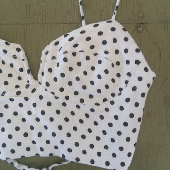 URBAN OUTFITTERS | Black + White Polka Dot Sweetheart Lace Up Crop Top Retro XS - Picture 3 of 12